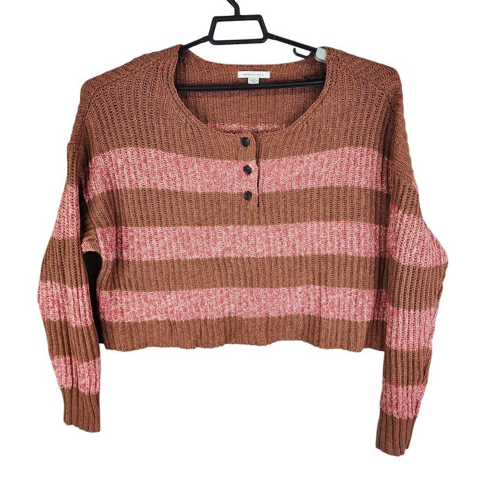 Womens American Eagle Ribbed Knit Sweater Pink & Brown Striped Long Sleeve M